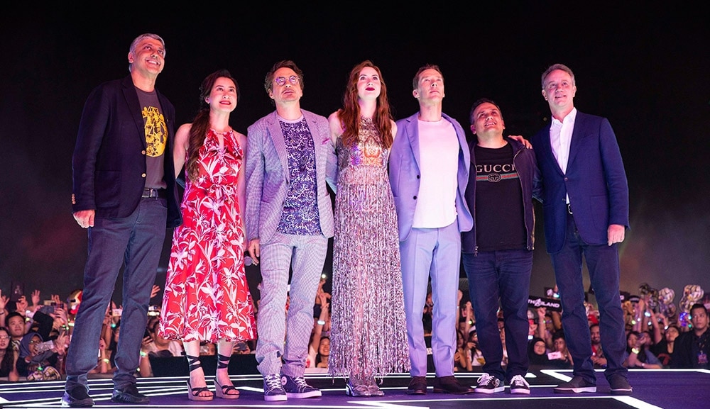 (L-R) Disney Exec VP & MD Mahesh Samat, Tran, RDJ, Gillan, Cumberbatch, Russo and Marina Bay Sands President & CEO George Tanasijevich