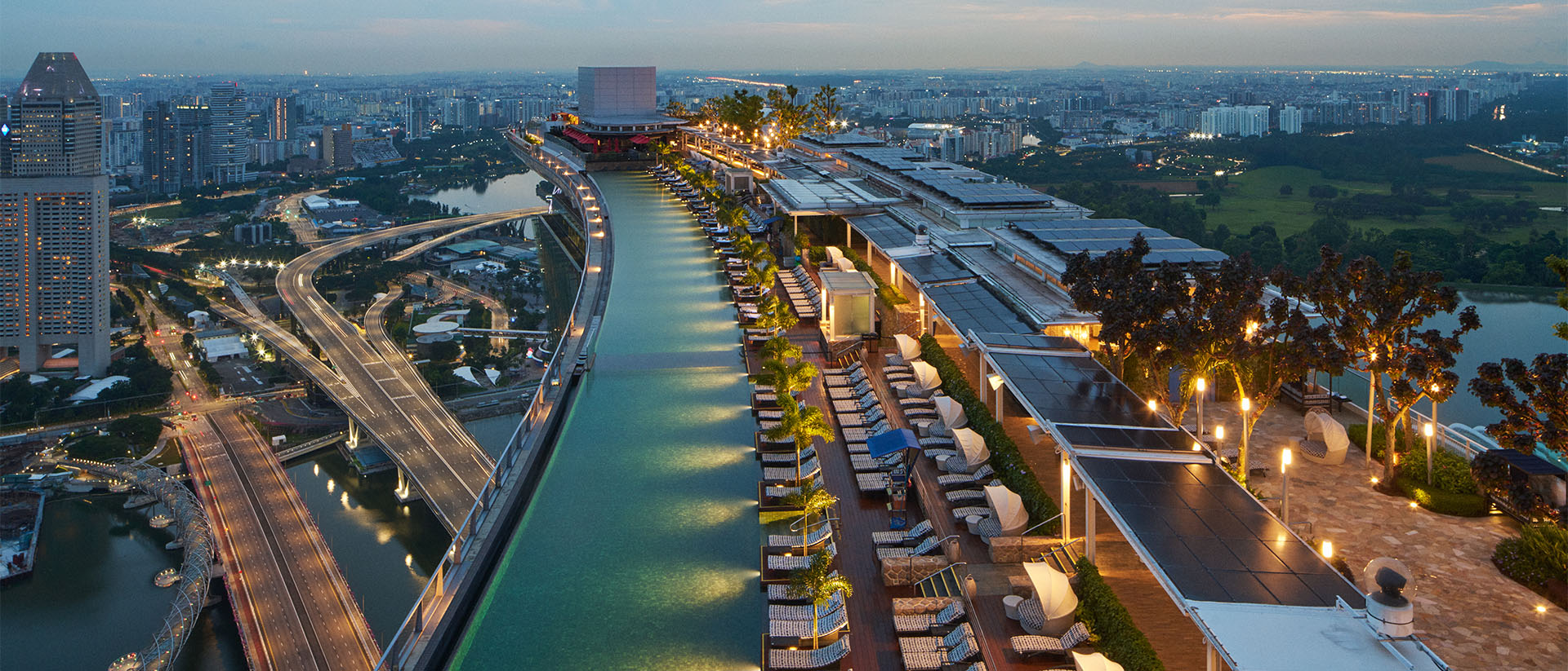 Top view of the iconic Infinity Pool at Marina Bay Sands, a must-visit attraction for your sightseeing itinerary in Singapore