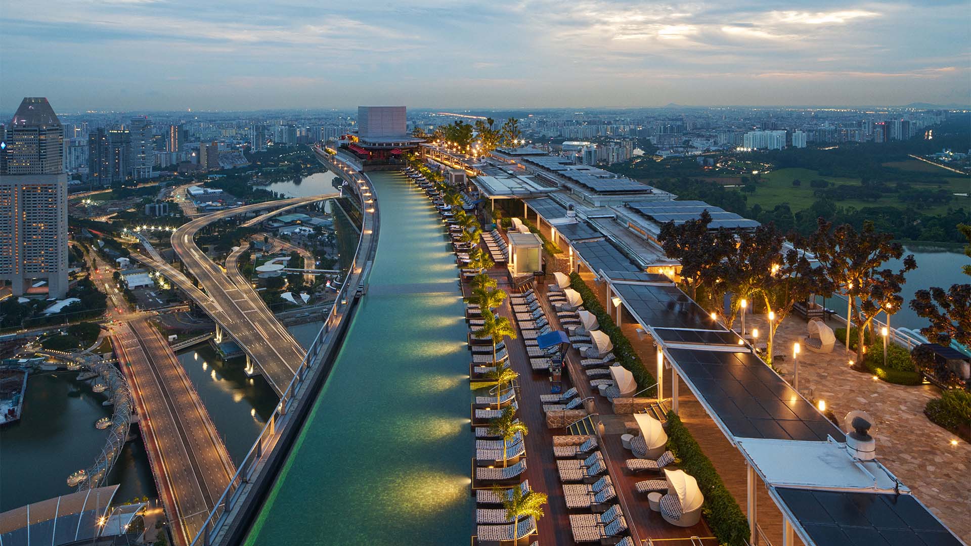 Top view of the iconic Infinity Pool at Marina Bay Sands, a must-visit attraction for your sightseeing itinerary in Singapore