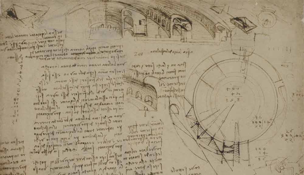 원형 요새의 대형 단면도 계획, 1502—03년경, F.132 오른쪽 페이지, 레오나르도 다빈치, 코덱스 아틀란티쿠스
