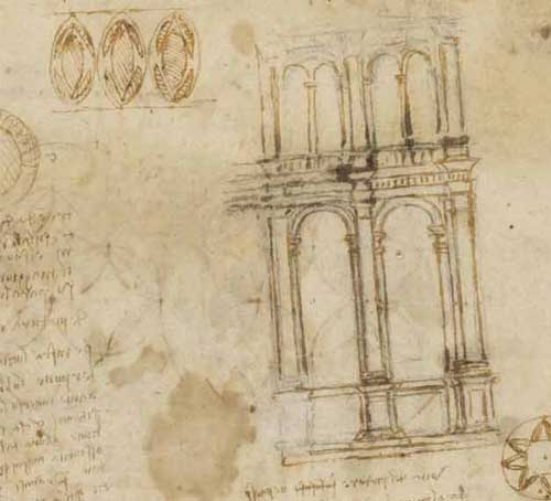 아케이드 그림, 1516년경, F.505 왼쪽 페이지, 레오나르도 다빈치, 코덱스 아틀란티쿠스