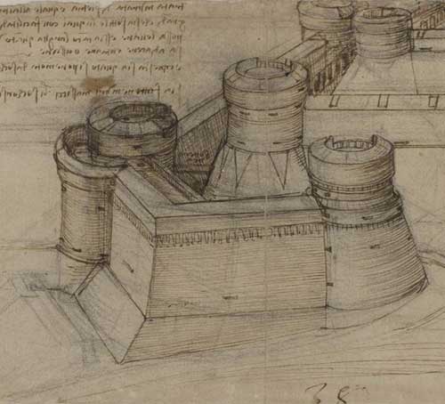 사각형 요새 연구, 1507년, F.117 오른쪽 페이지, 레오나르도 다빈치, 코덱스 아틀란티쿠스