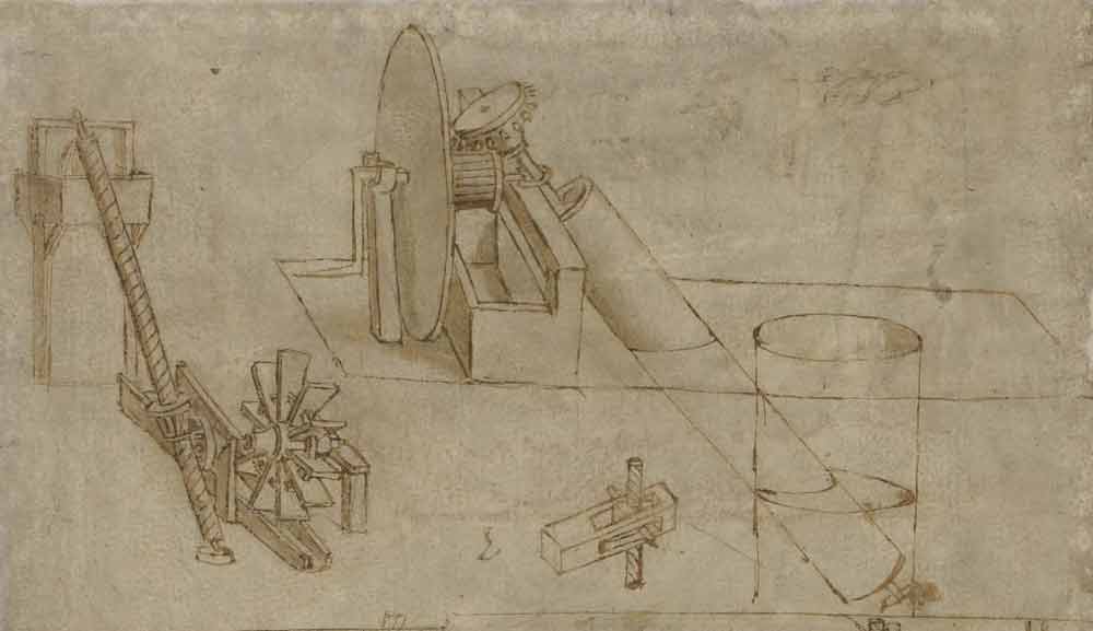 아르키메데스의 나선식 펌프, 1480년경, F.6 오른쪽 페이지, 레오나르도 다빈치, 코덱스 아틀란티쿠스
