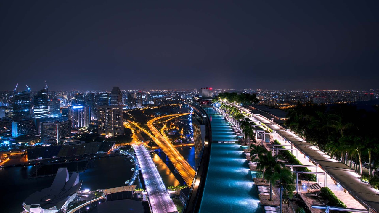 Top view of Marina Bay Sands, showing the SkyPark Observation Deck