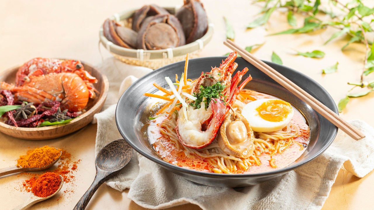 Curry noodles with abalone and prawns from Tong Dim, a casual dining restaurant in Singapore